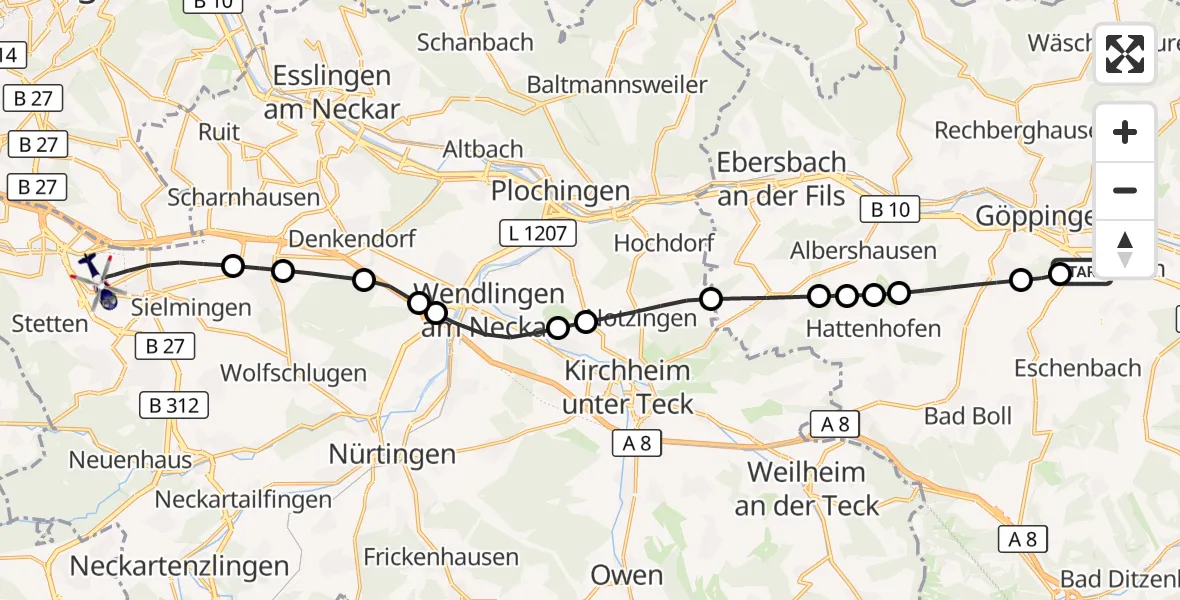 Flugroute Polizeihubschrauber Göppingen - Flughafen Stuttgart, 15 September 2026, 16:03