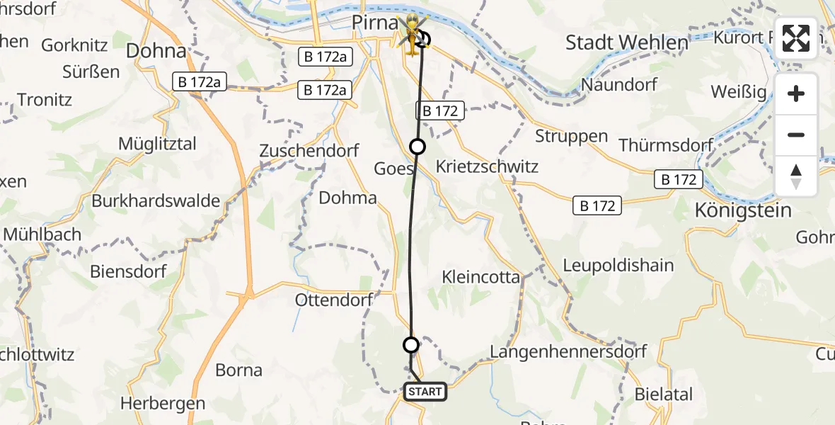 Flugroute Rettungshubschrauber Bad Gottleuba-Berggießhübel - Pirna Hospital, 15 September 2026, 16:07