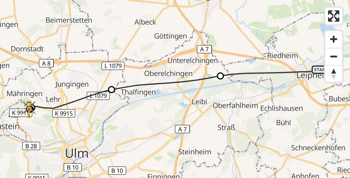 Flugroute Rettungshubschrauber Leipheim - ADAC Air Rescue Station Ulm (Christoph 22), 15 September 2026, 16:11