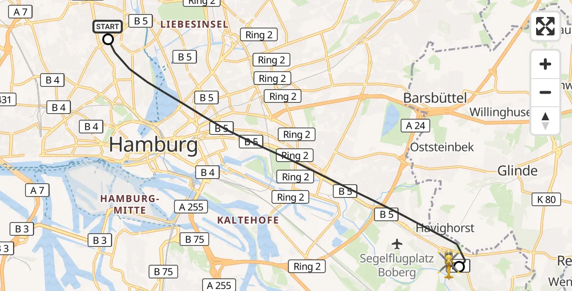 Flugroute Rettungshubschrauber Universitätsklinikum Hamburg-Eppendorf Hubschrauberlandeplatz - Christoph Hansa ADAC Hubschrauberlandeplatz, 15 September 2026, 16:15