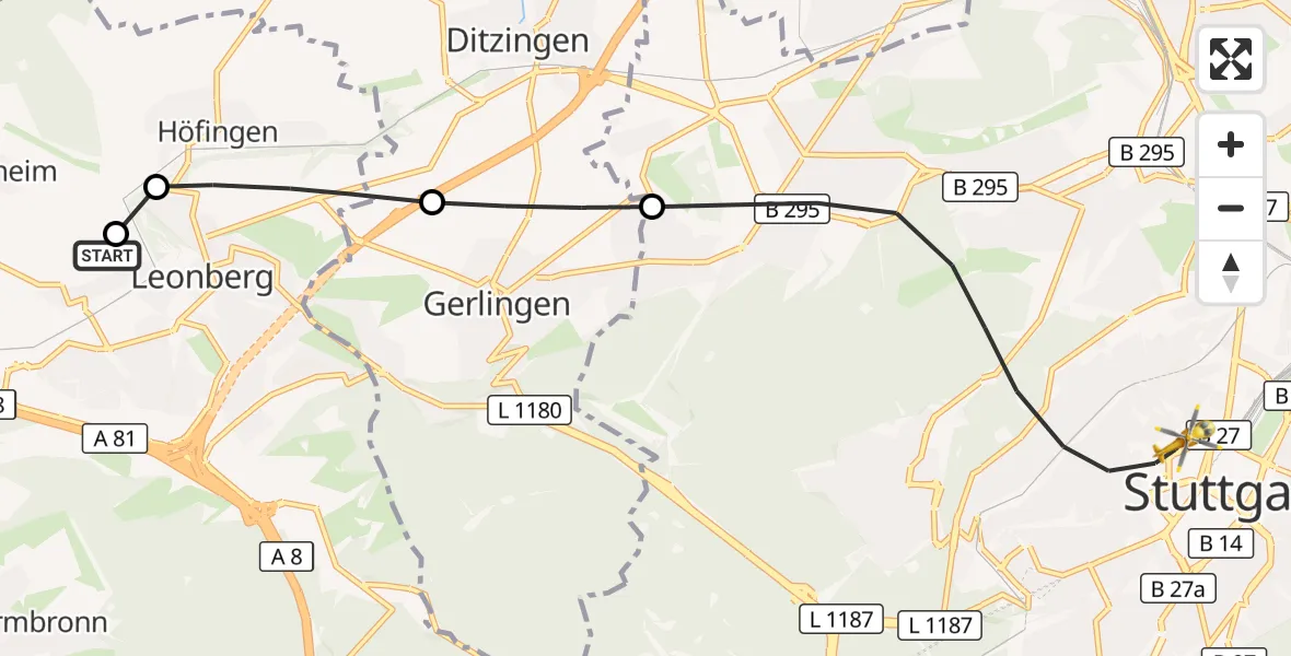Flugroute Rettungshubschrauber Leonberg Hospital - Stuttgart, 15 September 2026, 16:17