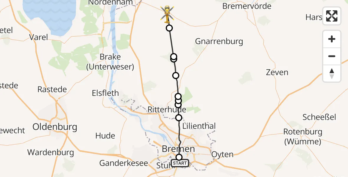 Flugroute Rettungshubschrauber ADAC Air Rescue Station Bremen Hubschrauberlandeplatz (Christoph 6) - Beverstedt, 15 September 2026, 16:19