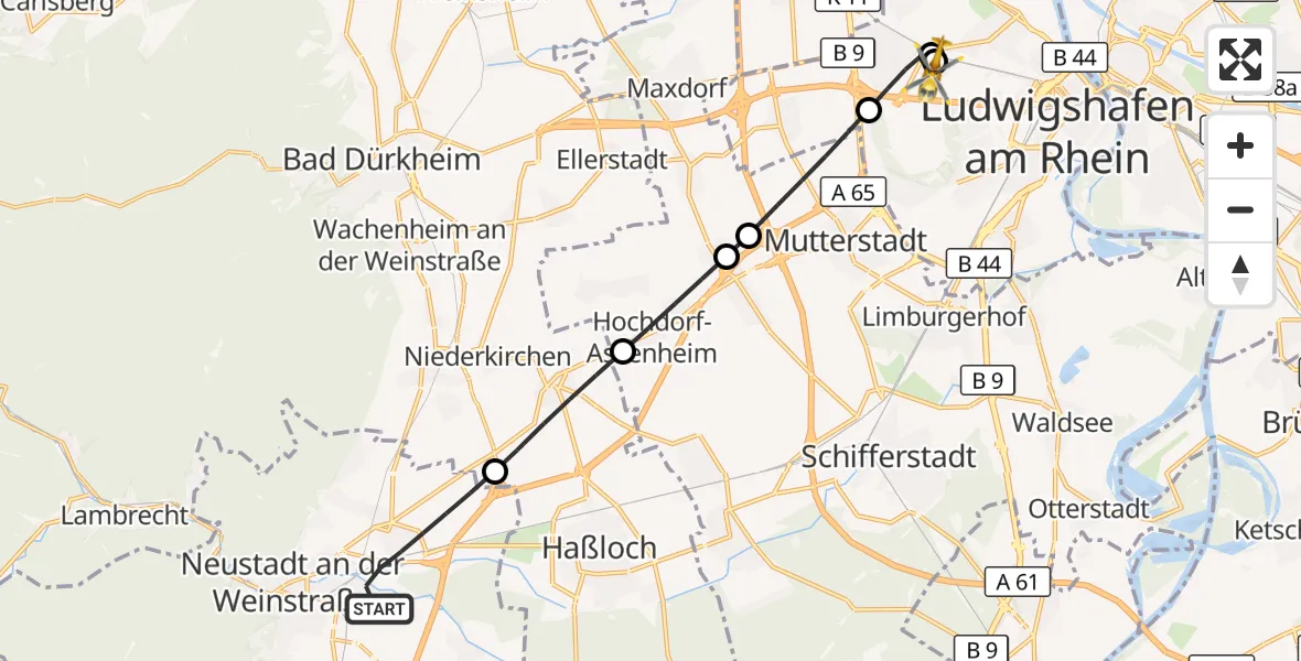 Flugroute Rettungshubschrauber Neustadt an der Weinstraße - Ludwigshafen Accident Hospital, 15 September 2026, 16:31