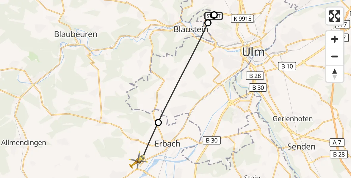 Flugroute Rettungshubschrauber Ulm Military Hospital Emergency - Erbach, 15 September 2026, 16:47