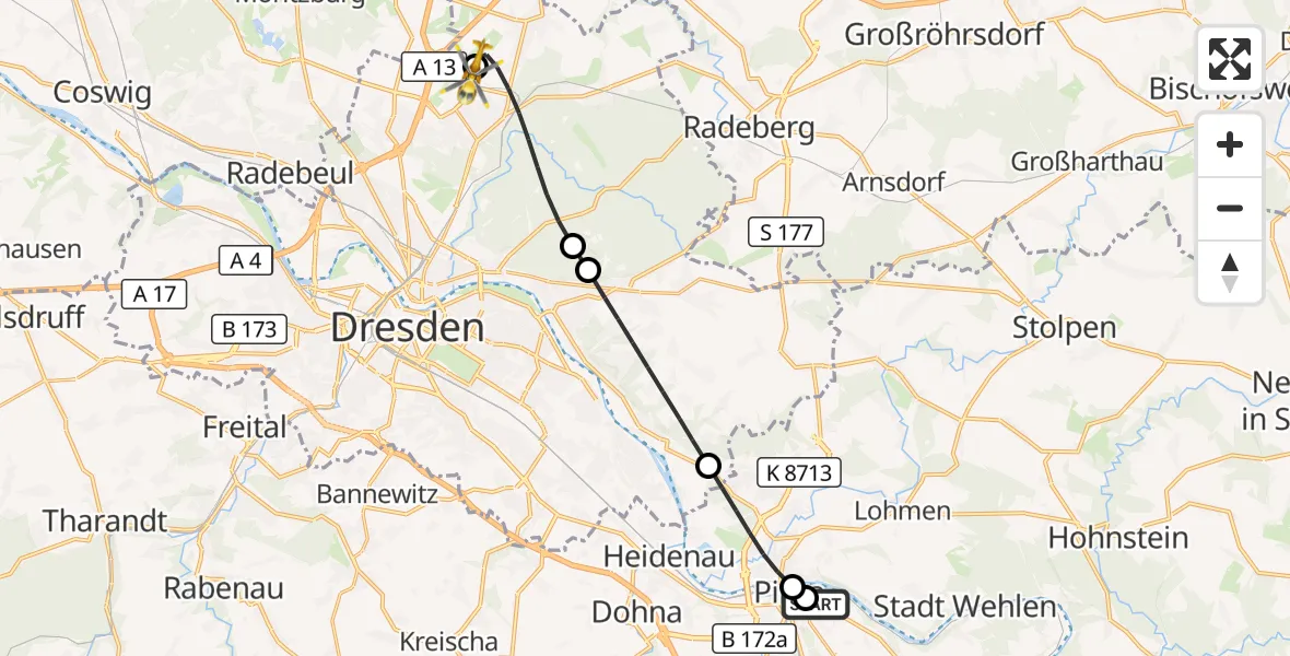 Flugroute Rettungshubschrauber Pirna Hospital - Dresden Bundespolizei Hubschrauberlandeplatz, 15 September 2026, 16:52