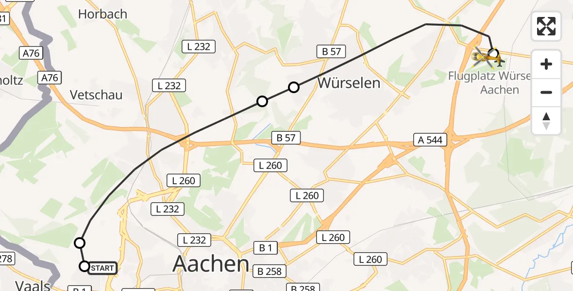 Flugroute Rettungshubschrauber Aachen Hospital - Aachen-Merzbrück Flughafen, 15 September 2026, 17:05