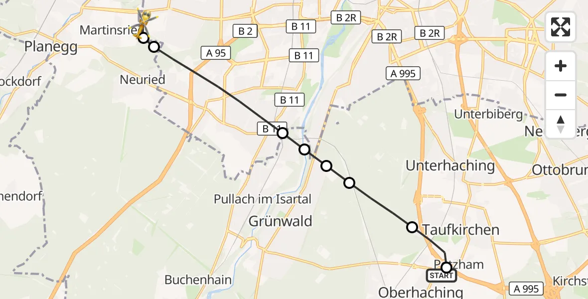 Flugroute Rettungshubschrauber Oberhaching - DRF Air Rescue München Hubschrauberlandeplatz, 15 September 2026, 17:07