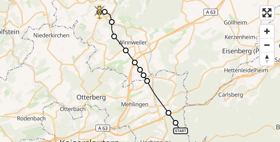 Flugroute Rettungshubschrauber Frankenstein - Rockenhausen, 15 September 2026, 17:09