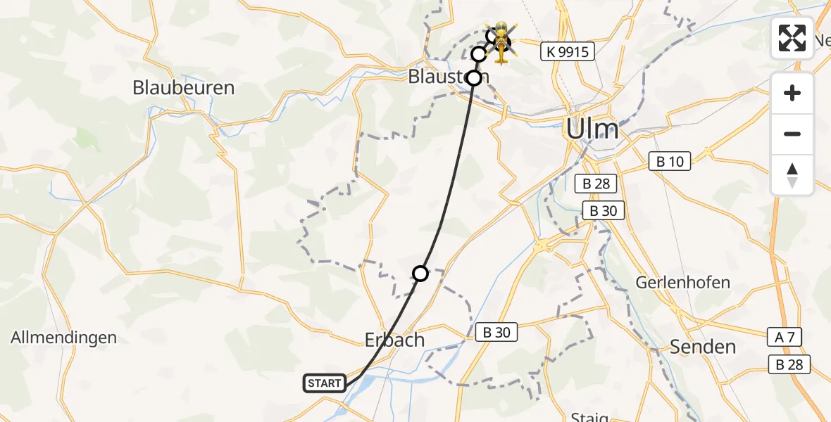 Flugroute Rettungshubschrauber Erbach - ADAC Air Rescue Station Ulm (Christoph 22), 15 September 2026, 17:41
