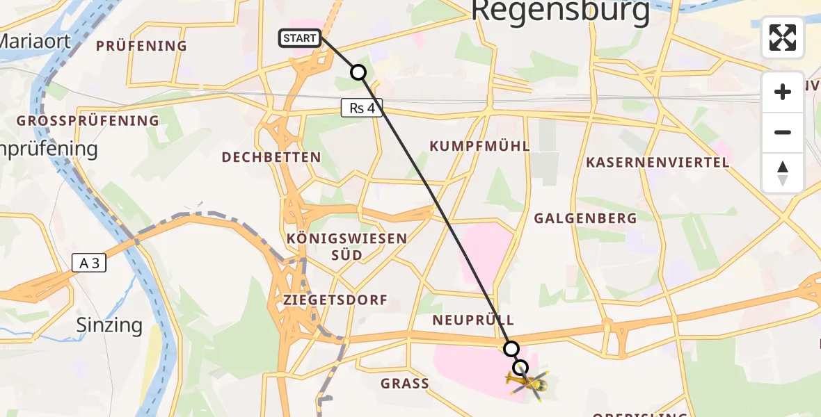 Flugroute Rettungshubschrauber Barmherzige Brüder (Brothers of Mercy) Hospital Regensburg - DRF Air Rescue Station Regensburg / Regensburg University Hospital, 15 September 2026, 17:43
