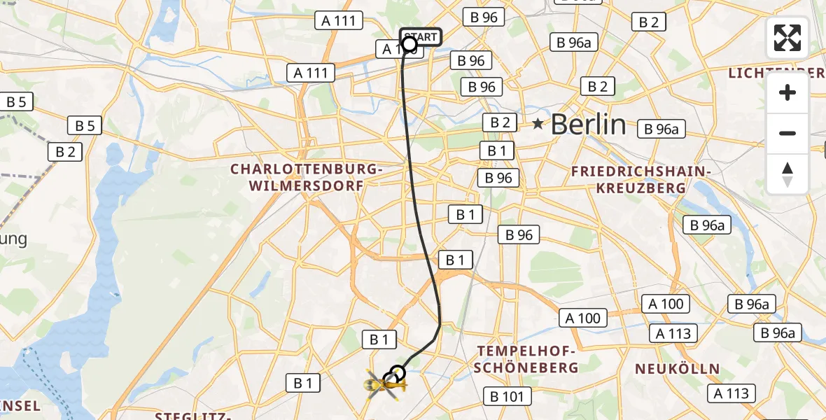 Flugroute Rettungshubschrauber Charité Clinic Virchow Campus - Charité Clinic Benjamin Franklin Campus, 15 September 2026, 17:55