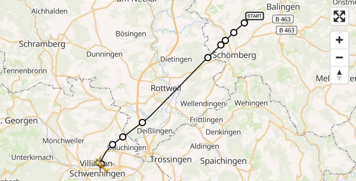 Flugroute Rettungshubschrauber Balingen - DRF Air Rescue Station Villingen-Schwenningen Hubschrauberlandeplatz (Christoph 11), 15 September 2026, 18:01