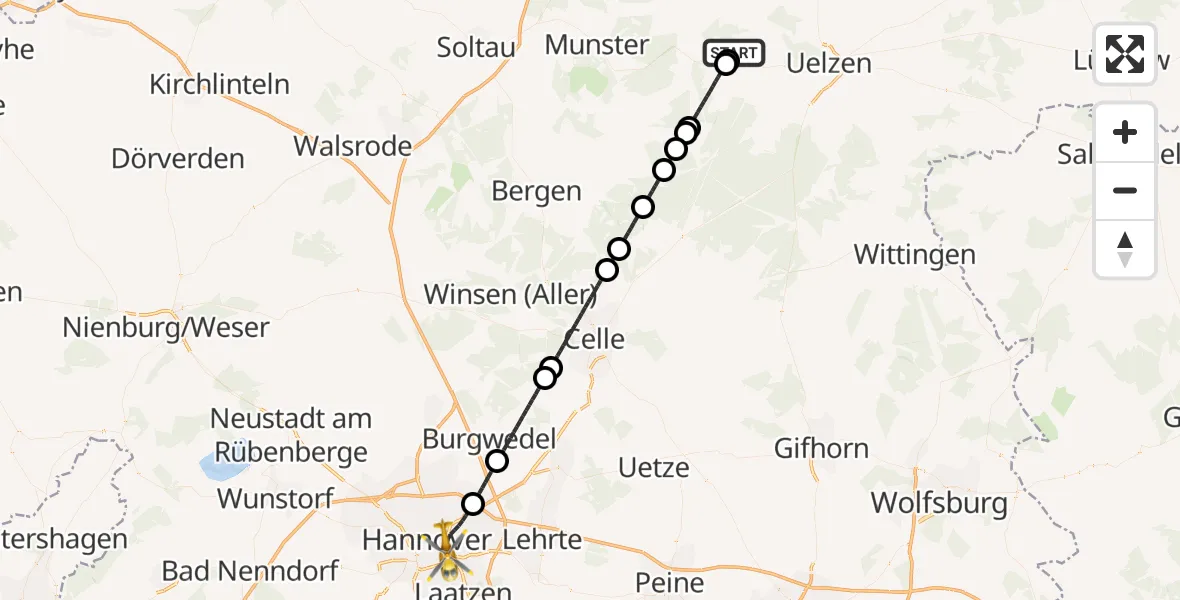 Flugroute Rettungshubschrauber Schwienau - Hannover, 15 September 2026, 18:04