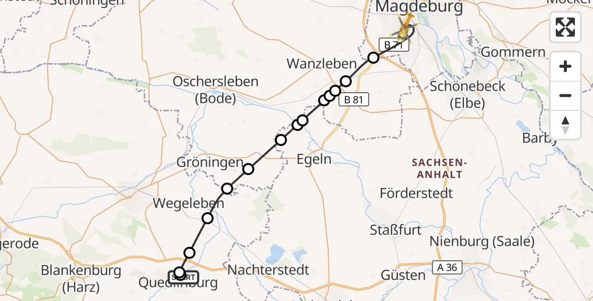Flugroute Rettungshubschrauber Harz Hospital Quedlinburg - Magdeburg, 15 September 2026, 18:05