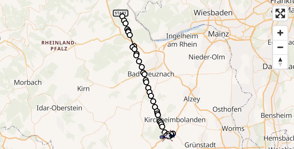Flugroute Polizeihubschrauber Oberwesel - Steinbach am Donnersberg, 15 September 2026, 19:01