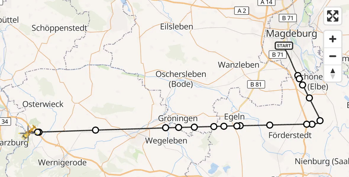 Flugroute Rettungshubschrauber Magdeburg - Nordharz, 15 September 2026, 19:03