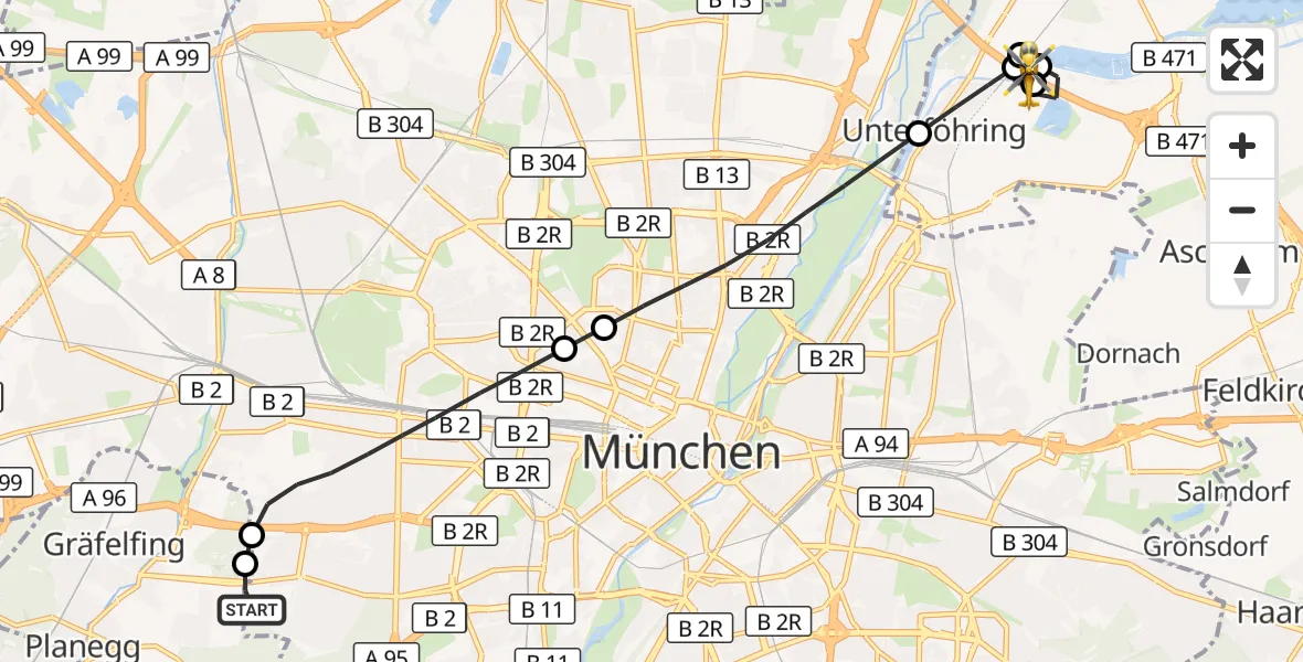Flugroute Rettungshubschrauber DRF Air Rescue München Hubschrauberlandeplatz - Unterföhring, 15 September 2026, 19:09