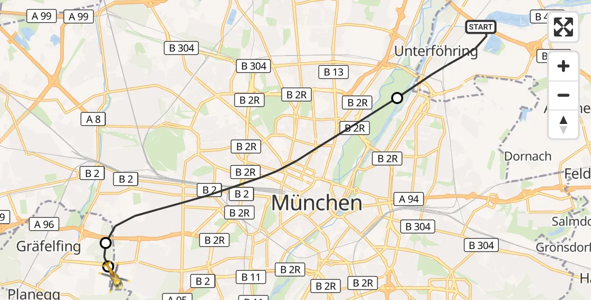 Flugroute Rettungshubschrauber Unterföhring - DRF Air Rescue München Hubschrauberlandeplatz, 15 September 2026, 19:36