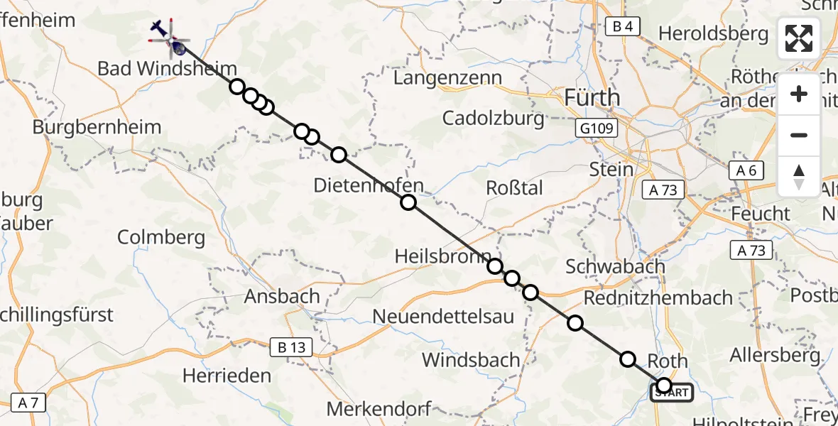 Flugroute Polizeihubschrauber Flugplatz Roth - Bad Windsheim, 15 September 2026, 20:04