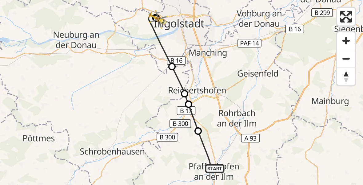 Flugroute Rettungshubschrauber Pfaffenhofen a.d.Ilm - Ingolstadt Hospital, 15 September 2026, 20:10