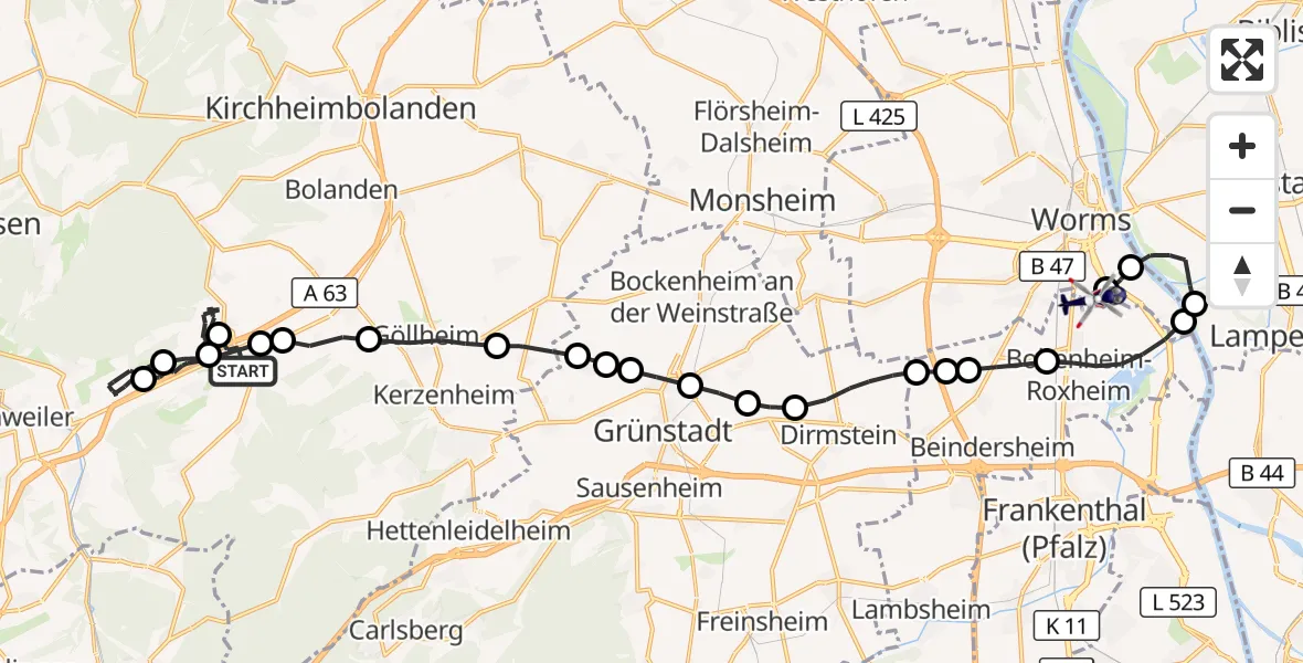 Flugroute Polizeihubschrauber Börrstadt - Worms Flugplatz, 15 September 2026, 20:35