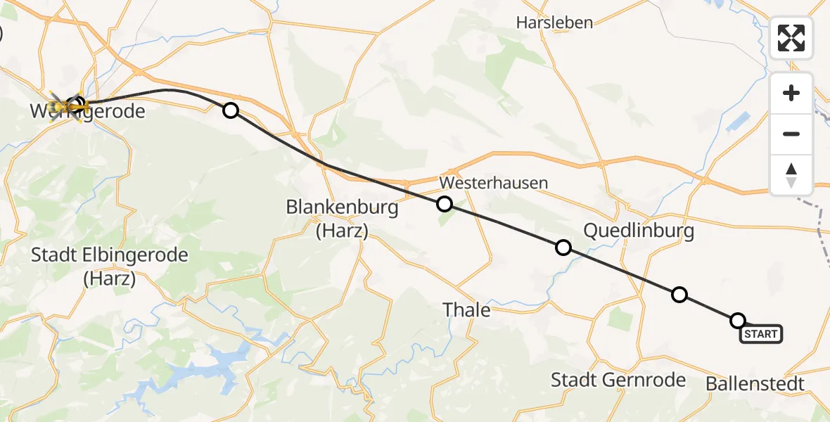 Flugroute Rettungshubschrauber Ballenstedt Flugplatz - Harz Hospital Wernigerode, 15 September 2026, 21:18
