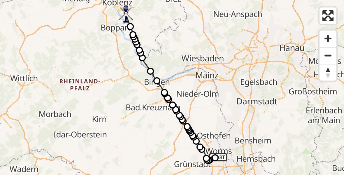 Flugroute Polizeihubschrauber Bobenheim-Roxheim - Lahnstein, 15 September 2026, 21:24