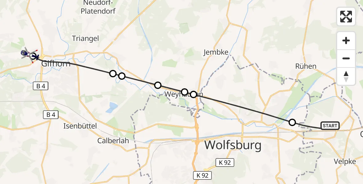 Flugroute Polizeihubschrauber Danndorf - Gifhorn Bundespolizei Hubschrauberlandeplatz, 15 September 2026, 21:57