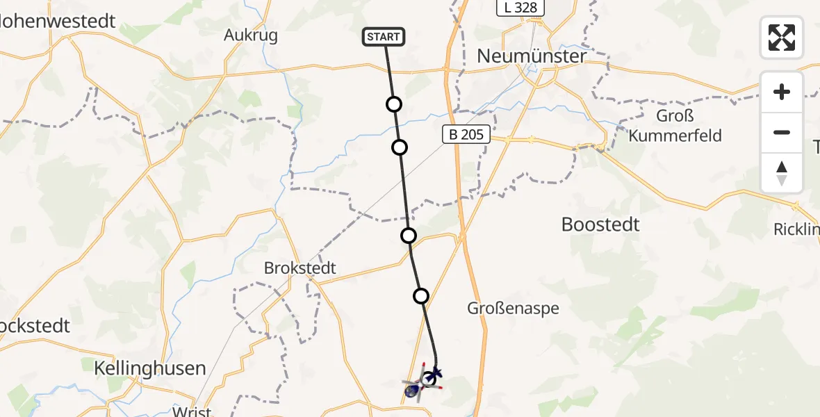 Flugroute Polizeihubschrauber Wasbek - Bad Bramstedt Hubschrauberlandeplatz, 15 September 2026, 22:04
