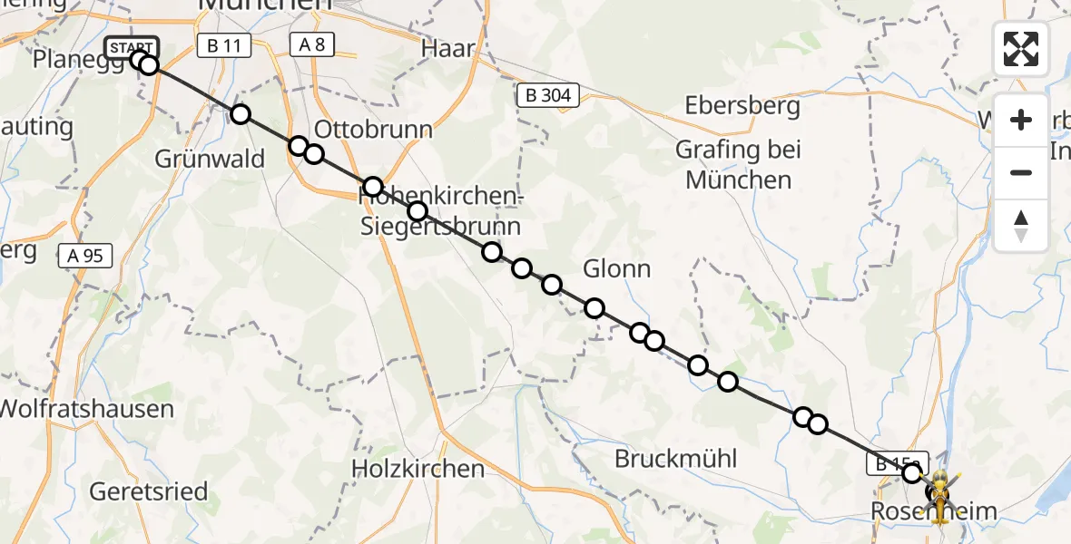 Flugroute Rettungshubschrauber DRF Air Rescue München Hubschrauberlandeplatz - RoMed Hospital Rosenheim, 15 September 2026, 22:41