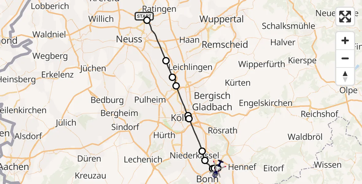 Flugroute Polizeihubschrauber Düsseldorf Flughafen - Bonn-Hangelar Flugplatz, 15 September 2026, 23:13