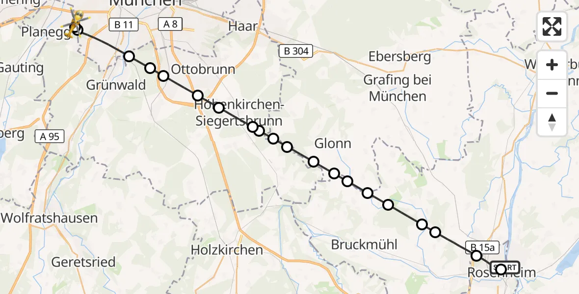Flugroute Rettungshubschrauber RoMed Hospital Rosenheim - DRF Air Rescue München Hubschrauberlandeplatz, 15 September 2026, 23:24
