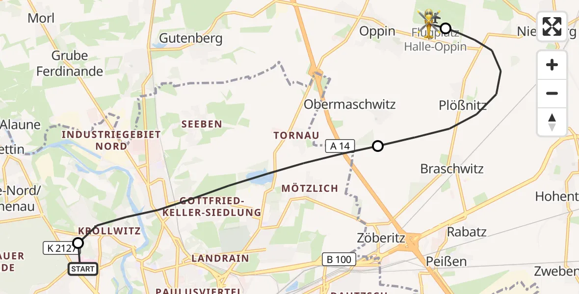 Flugroute Rettungshubschrauber Halle (Saale) University Hospital - Halle-Oppin Flugplatz, 15 September 2026, 23:25