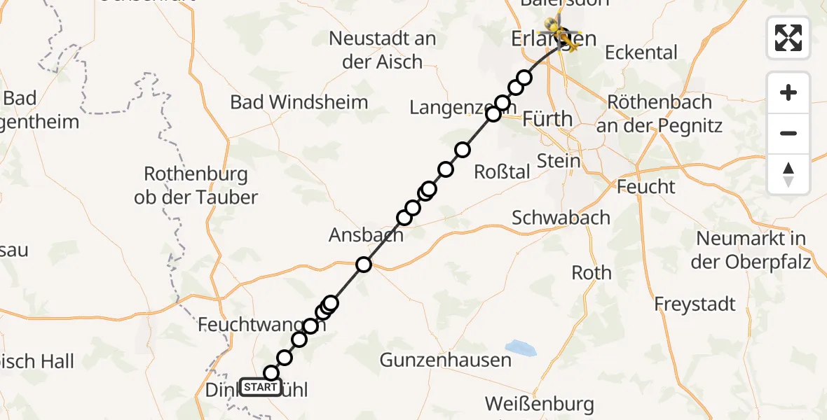 Flugroute Rettungshubschrauber Dinkelsbühl - Erlangen University Hospital Ebrardstraße, 15 September 2026, 23:43