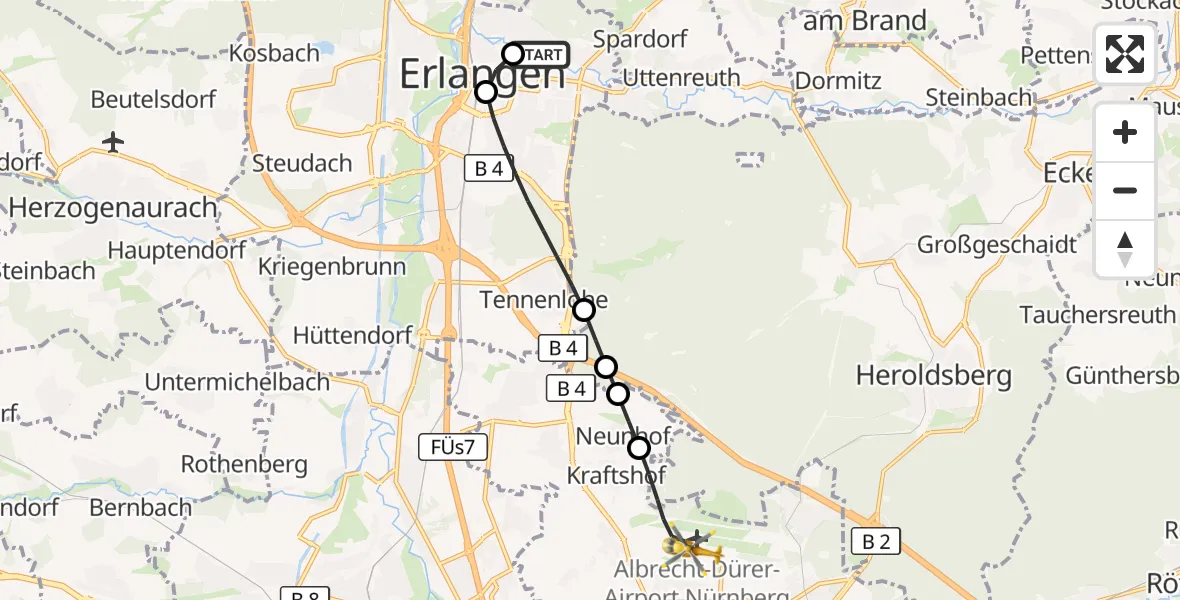 Flugroute Rettungshubschrauber Erlangen University Hospital Ebrardstraße - Flughafen Nuremberg, 16 September 2026, 00:39