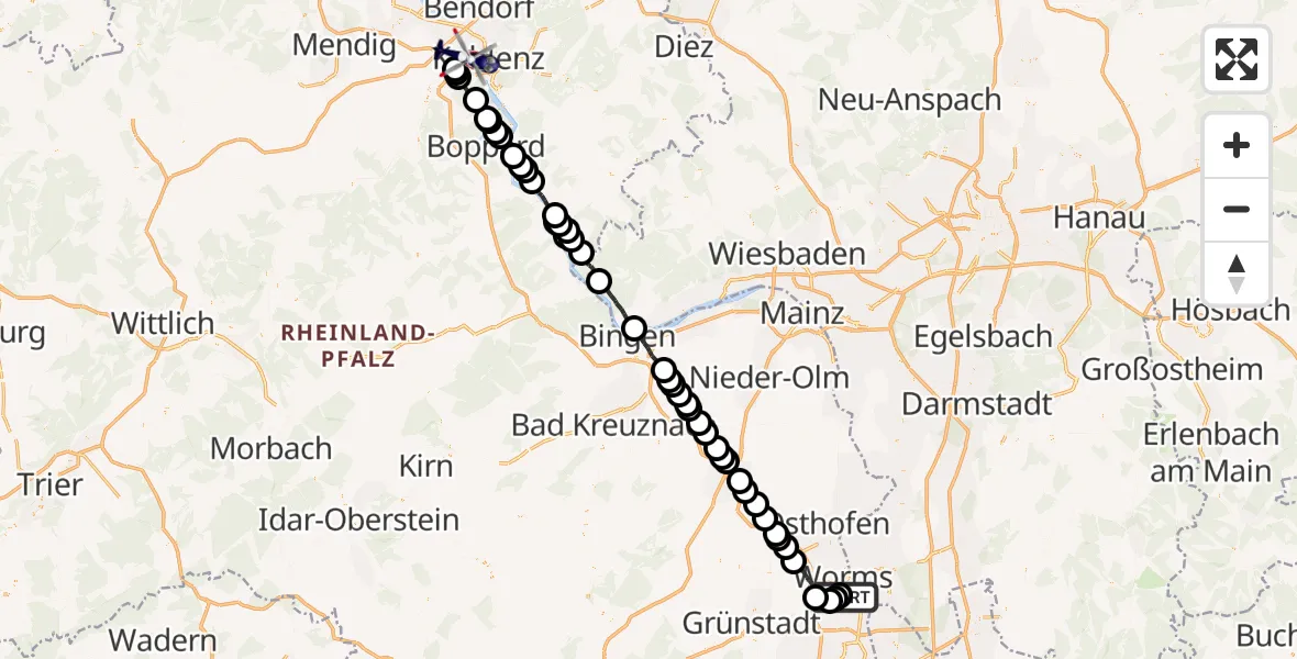 Flugroute Polizeihubschrauber Worms Flugplatz - Koblenz, 16 September 2026, 02:18