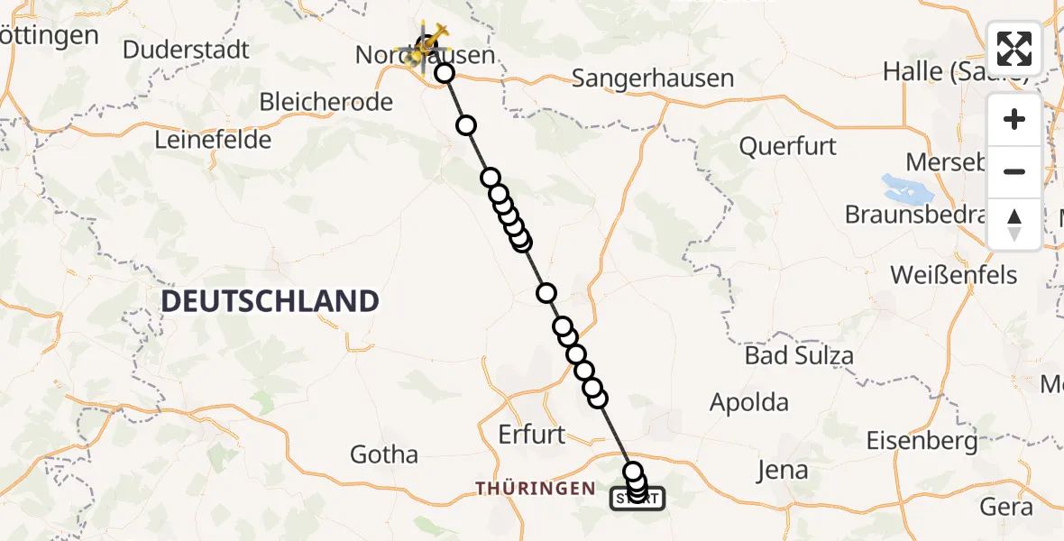 Flugroute Ambulanzhubschrauber Bad Berka Central Hospital - Südharz Hospital Nordhausen, 16 September 2026, 02:29