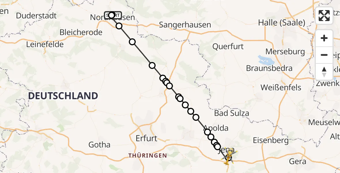Flugroute Ambulanzhubschrauber Südharz Hospital Nordhausen - Lobeda Hubschrauberlandeplatz, 16 September 2026, 03:19