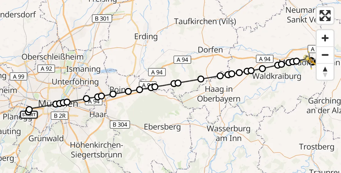 Flugroute Rettungshubschrauber DRF Air Rescue München Hubschrauberlandeplatz - Mühldorf am Inn Hospital, 16 September 2026, 03:36