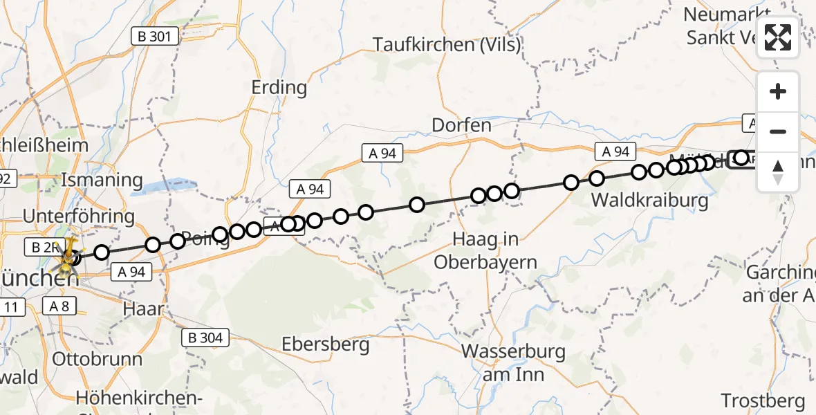Flugroute Rettungshubschrauber Mühldorf am Inn Hospital - München Bogenhausen Hospital, 16 September 2026, 04:24