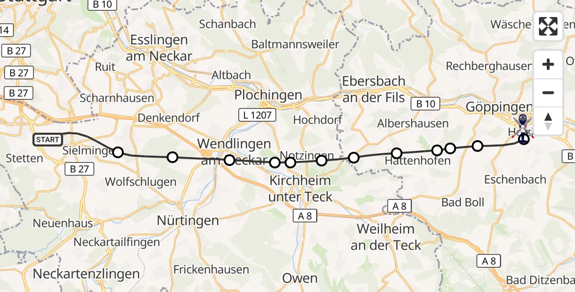 Flugroute Polizeihubschrauber Flughafen Stuttgart - Göppingen, 16 September 2026, 05:04