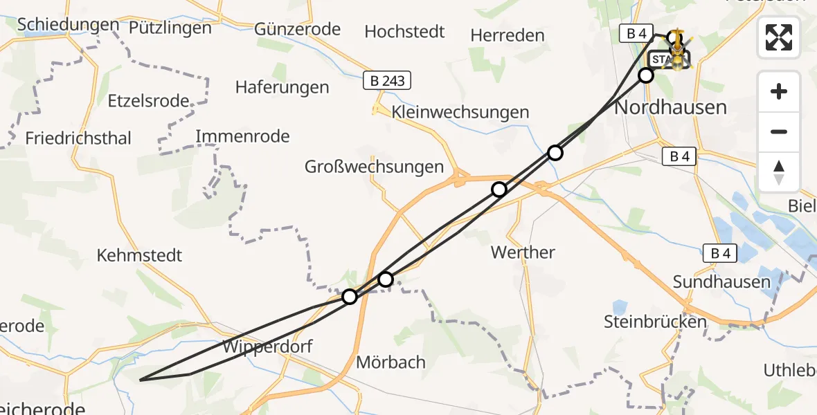 Flugroute Rettungshubschrauber Südharz Hospital Nordhausen - Südharz Hospital Nordhausen, 16 September 2026, 05:34