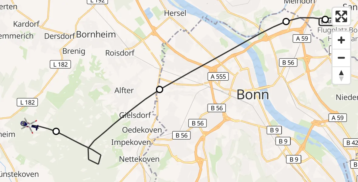 Flugroute Polizeihubschrauber Bonn-Hangelar Flugplatz - Swisttal, 16 September 2026, 05:58