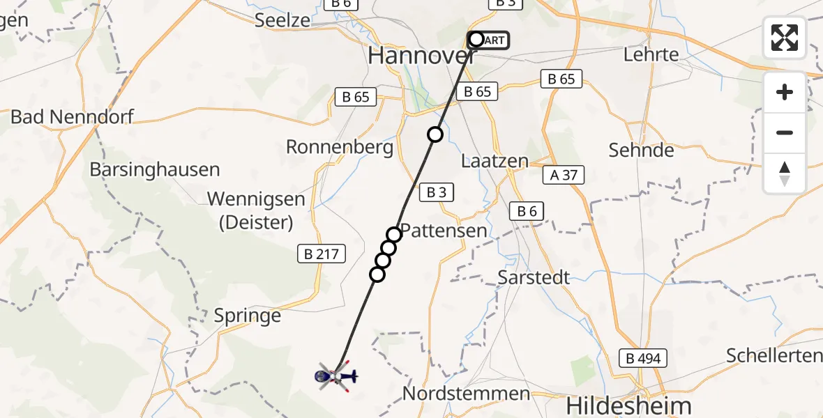 Flugroute Polizeihubschrauber Hannover Luftrettung Hubschrauberlandeplatz (Christoph 4) - Springe, 16 September 2026, 06:26