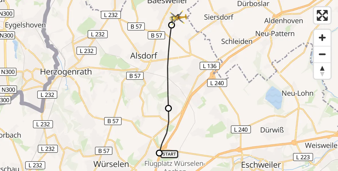 Flugroute Rettungshubschrauber Aachen-Merzbrück Flughafen - Baesweiler, 16 September 2026, 06:28