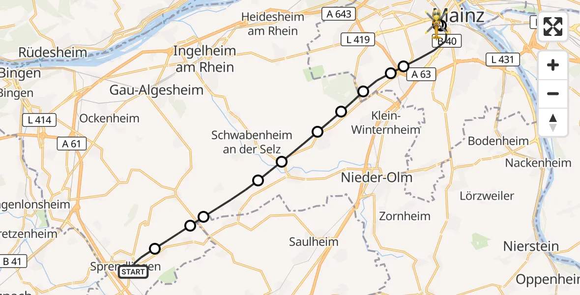 Flugroute Rettungshubschrauber Sprendlingen - Mainz University Hospital, 16 September 2026, 06:30
