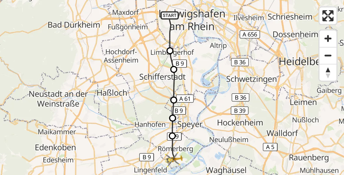 Flugroute Rettungshubschrauber Ludwigshafen am Rhein - Römerberg, 16 September 2026, 06:40
