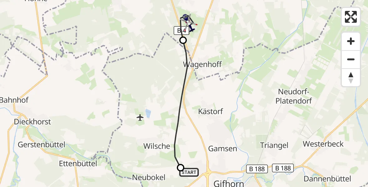 Flugroute Polizeihubschrauber Gifhorn Bundespolizei Hubschrauberlandeplatz - Wesendorf, 16 September 2026, 06:42