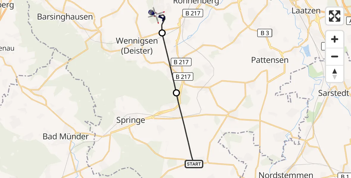 Flugroute Polizeihubschrauber Springe - Gehrden, 16 September 2026, 07:05