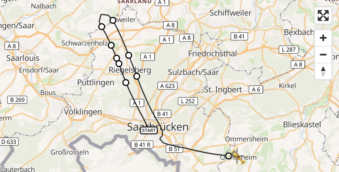 Flugroute Rettungshubschrauber Saarbrücken - Mandelbachtal, 16 September 2026, 07:14